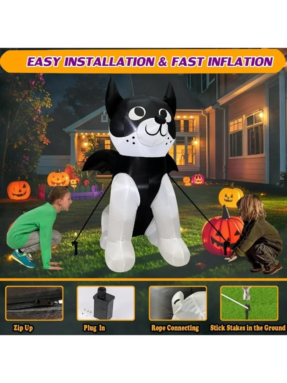 4FT Halloween Inflatable French Bulldog with Bat Wings - LED Yard Decor for